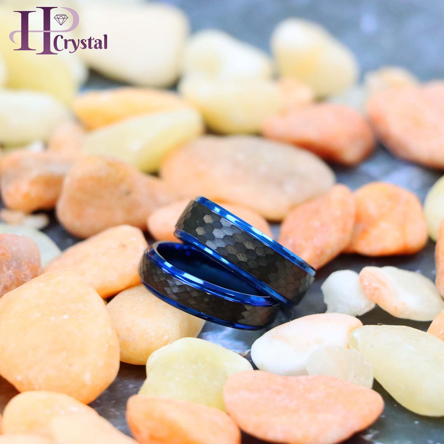 Black IP Hammered Center with Blue IP Stepped Edge Tungsten Ring