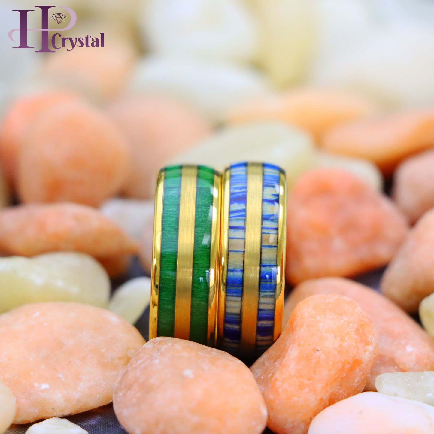 Yellow Gold IP & Indigo Blue Dyed Bamboo Inlay / Jade Wood Inlay Tungsten Ring