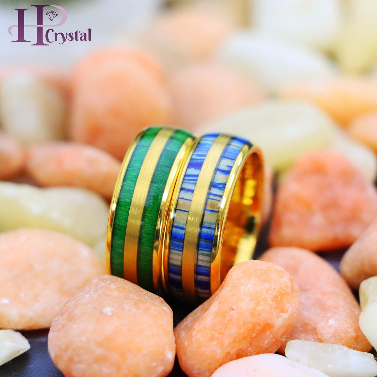 Yellow Gold IP & Indigo Blue Dyed Bamboo Inlay / Jade Wood Inlay Tungsten Ring