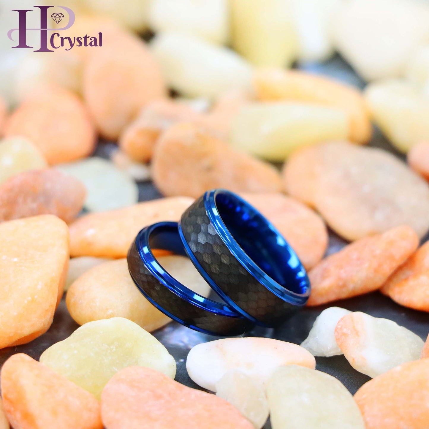 Black IP Hammered Center with Blue IP Stepped Edge Tungsten Ring