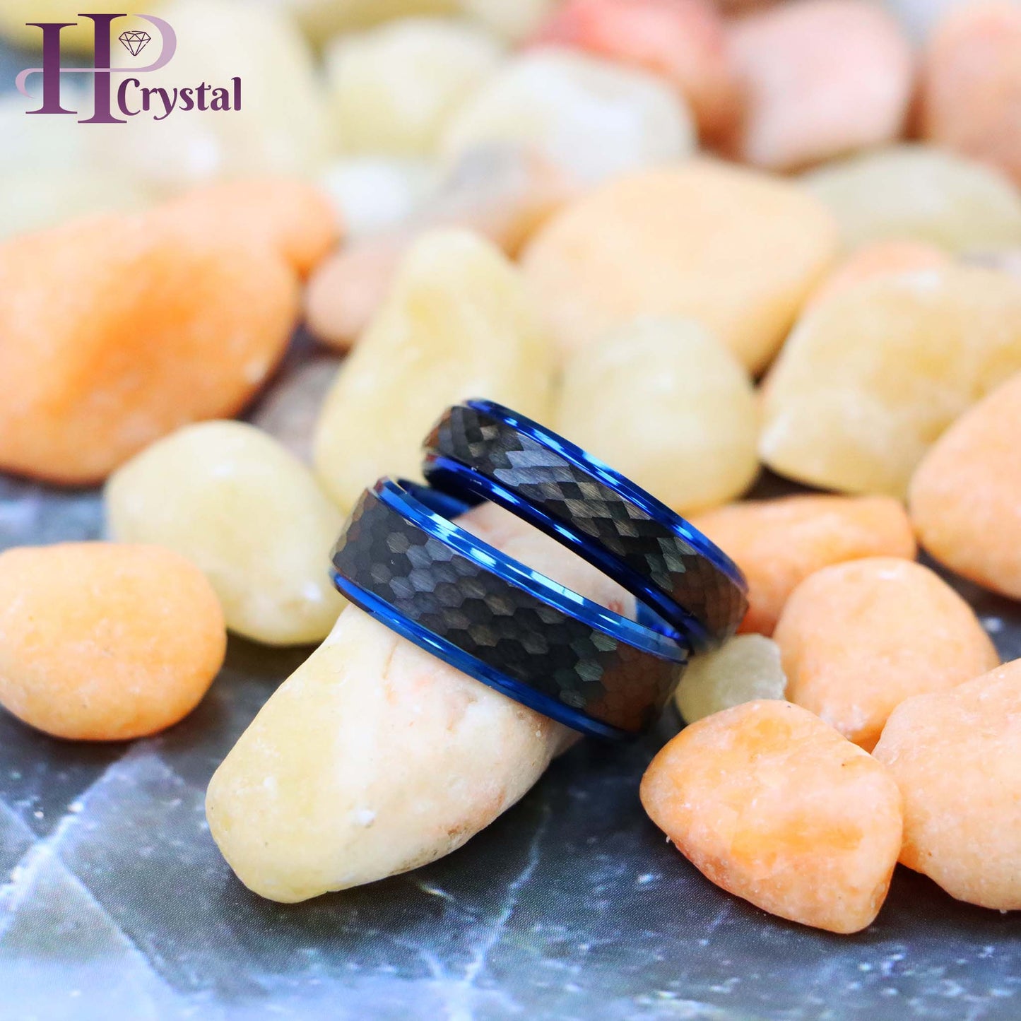 Black IP Hammered Center with Blue IP Stepped Edge Tungsten Ring