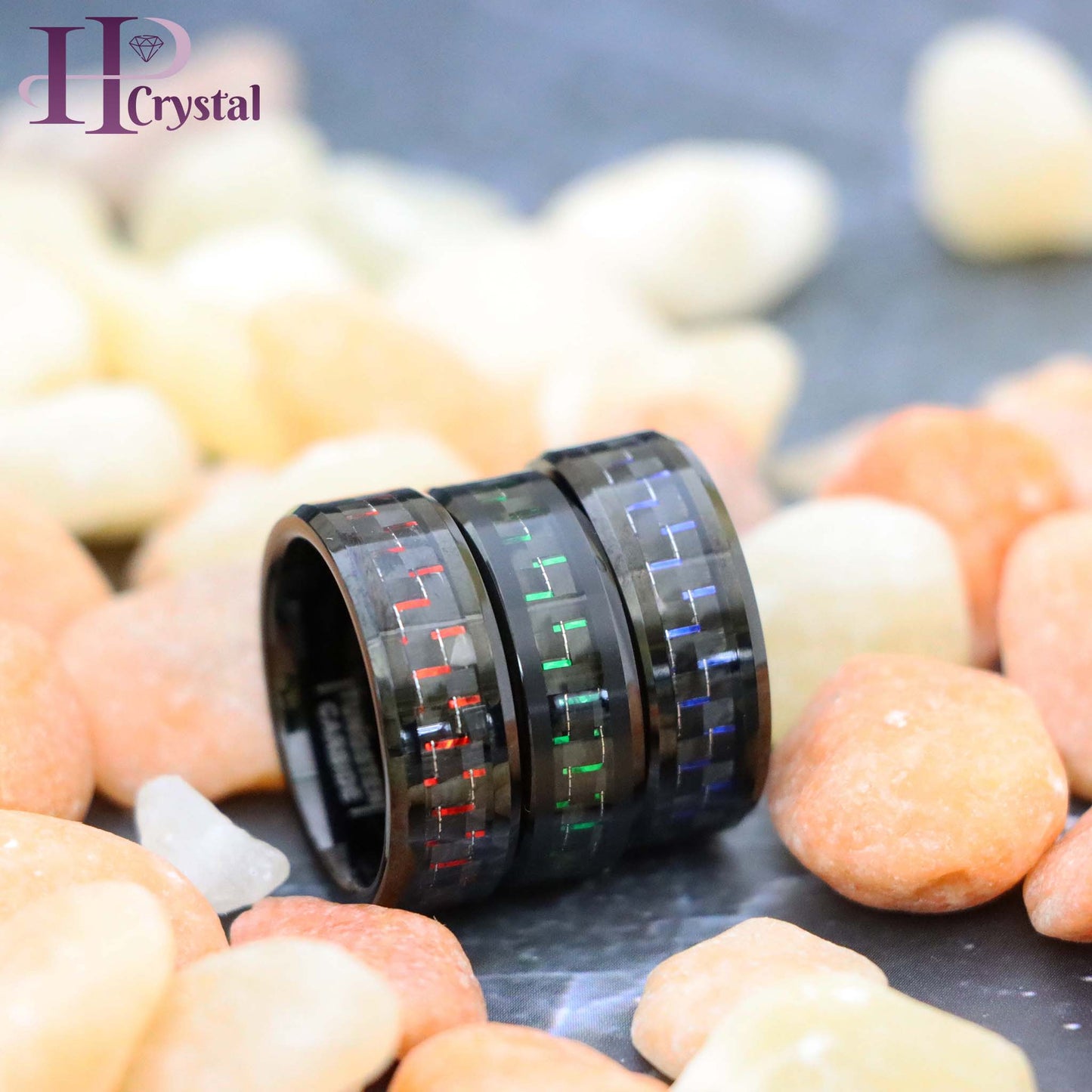 Black IP Plated with Green & Black/Blue & Black/Red & Black Carbon Fiber Inlay Tungsten Ring