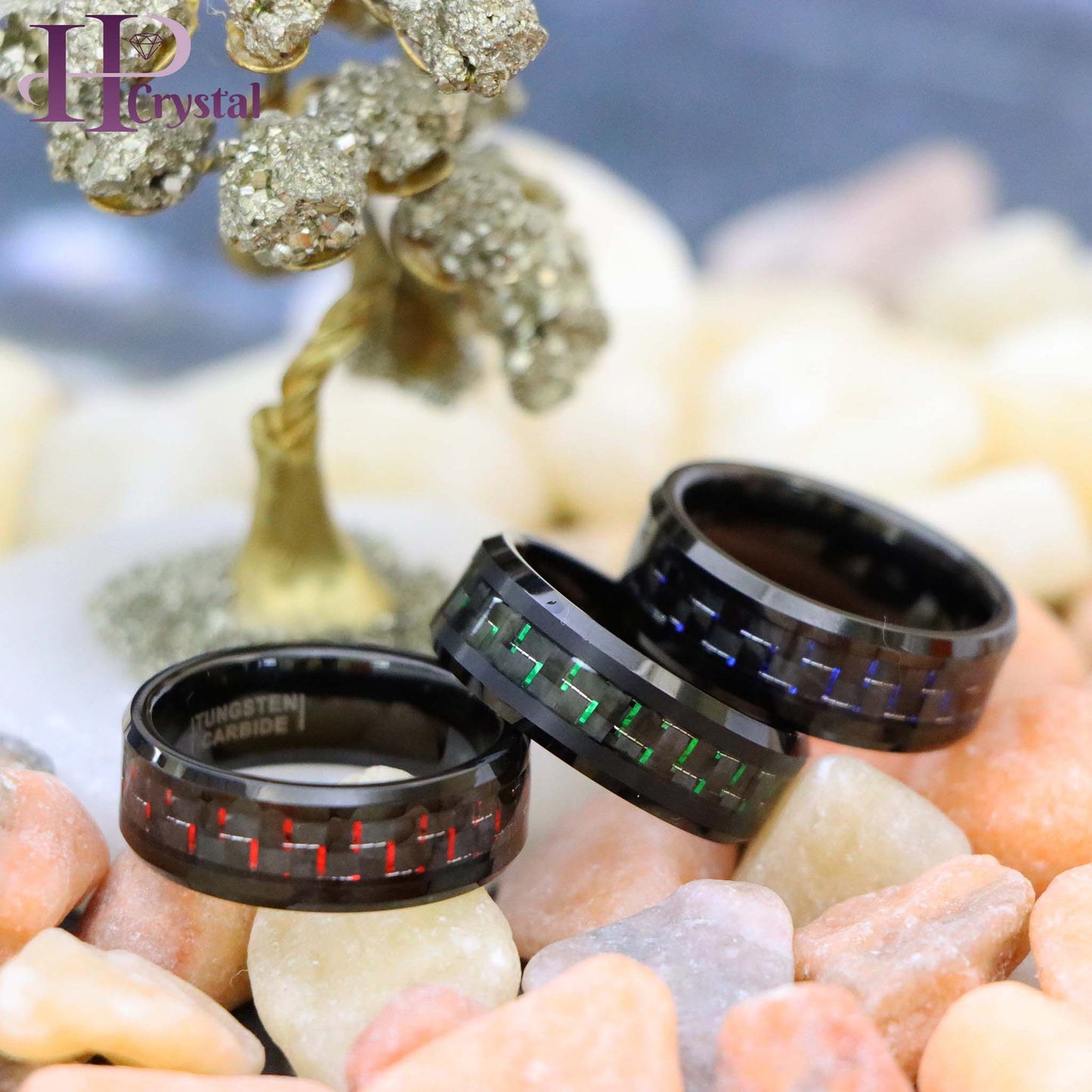 Black IP Plated with Green & Black/Blue & Black/Red & Black Carbon Fiber Inlay Tungsten Ring