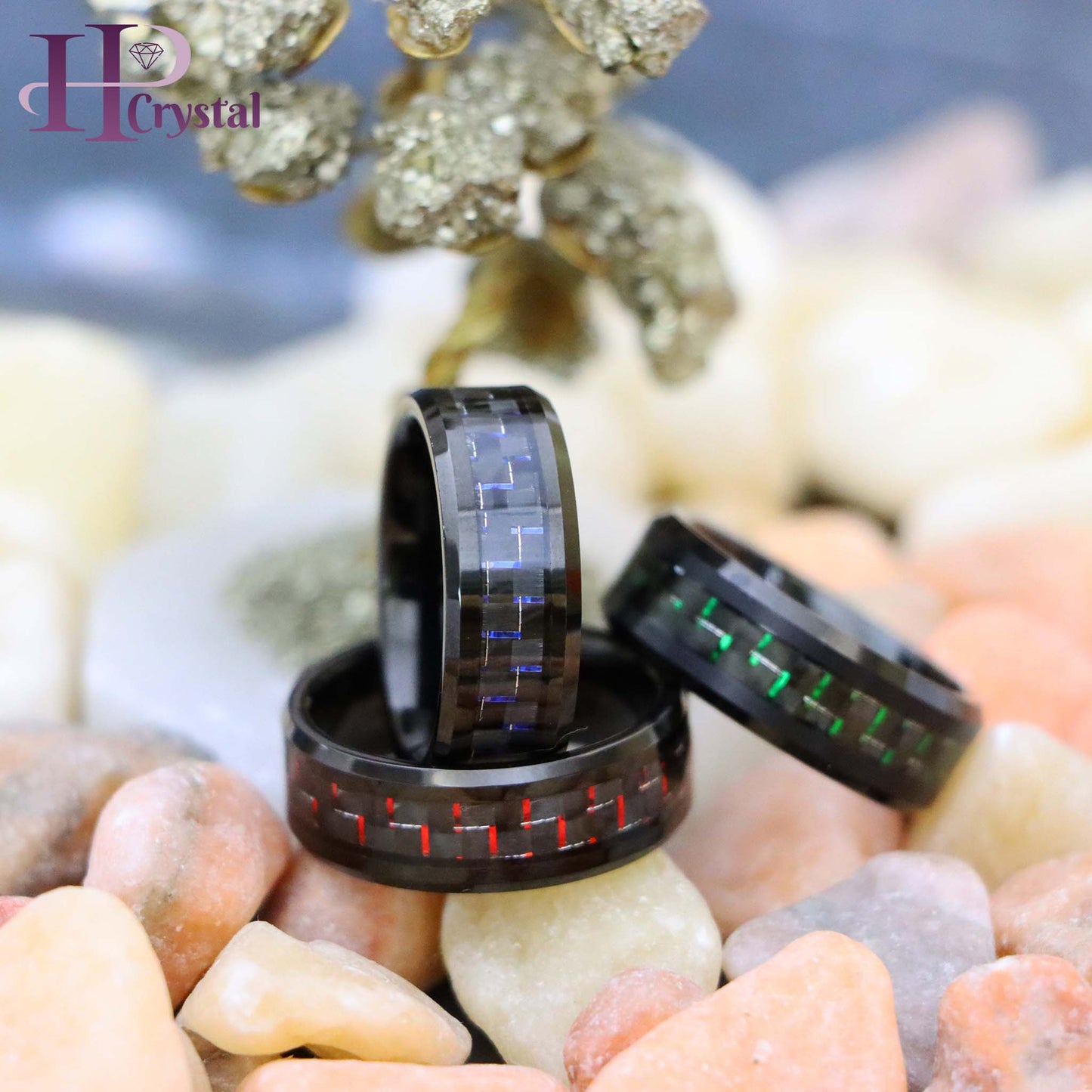 Black IP Plated with Green & Black/Blue & Black/Red & Black Carbon Fiber Inlay Tungsten Ring