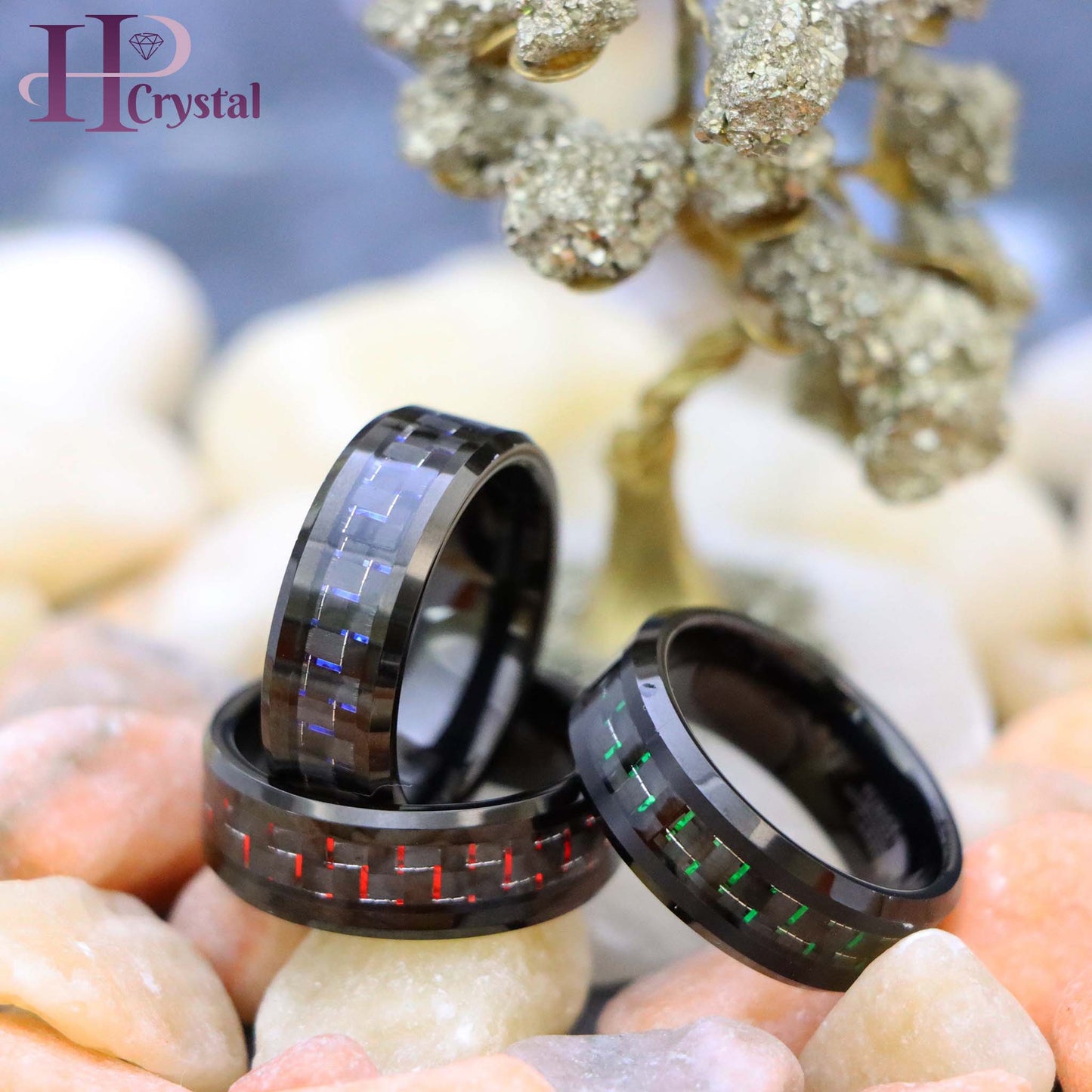 Black IP Plated with Green & Black/Blue & Black/Red & Black Carbon Fiber Inlay Tungsten Ring