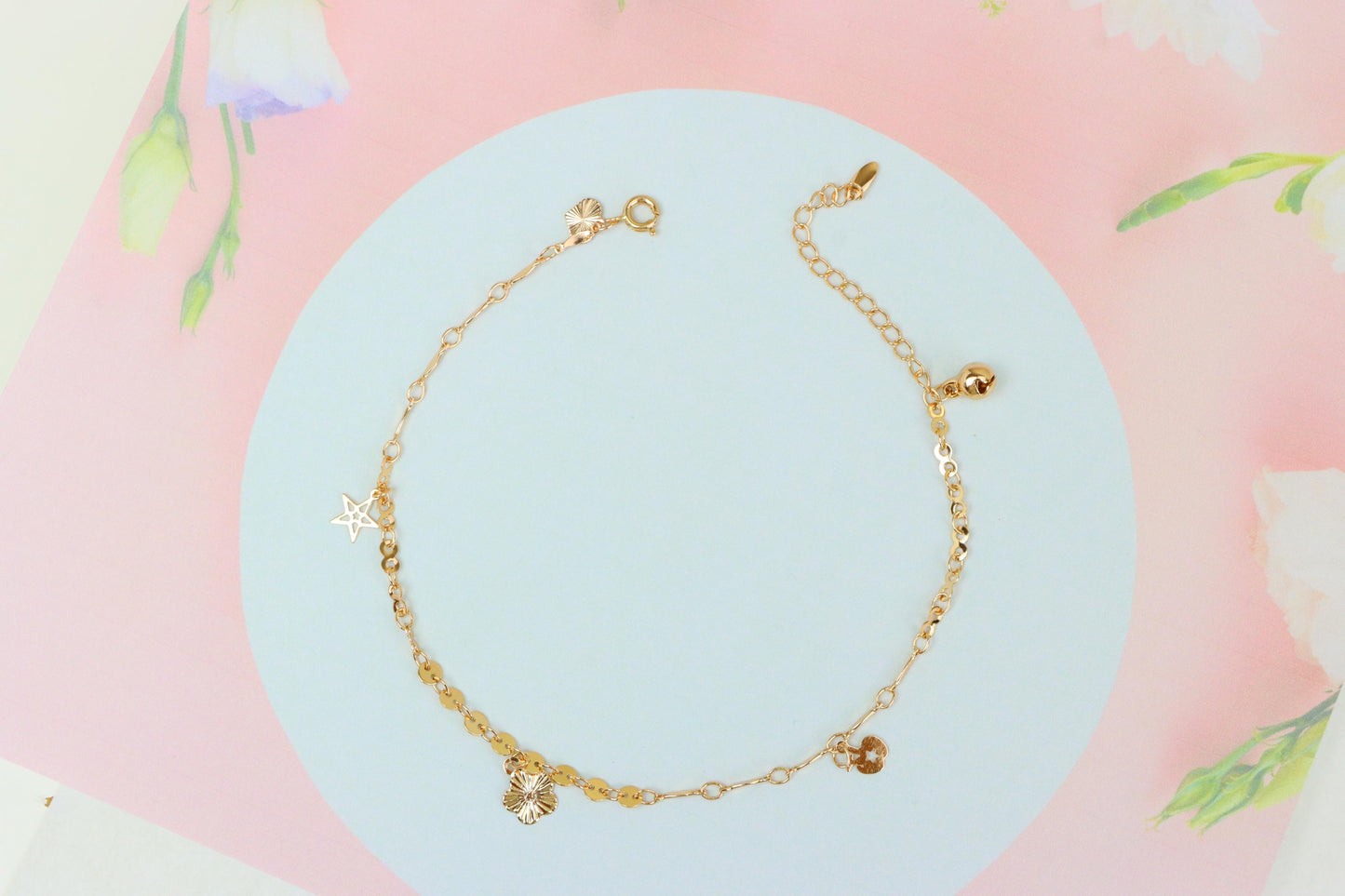 "Elegant Rose Gold Anklet with Floral &amp; Star Charms, XPAL1176 (2118-5)