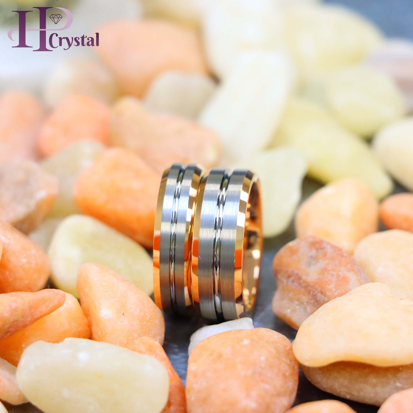 Rose Gold IP Plated Inside & Gun Metal Grooved Brushed Center Tungsten Ring