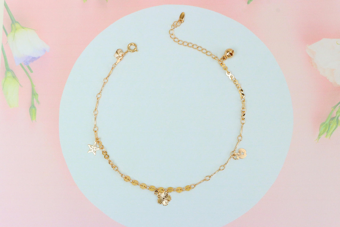 "Elegant Rose Gold Anklet with Floral &amp; Star Charms, XPAL1176 (2118-5)