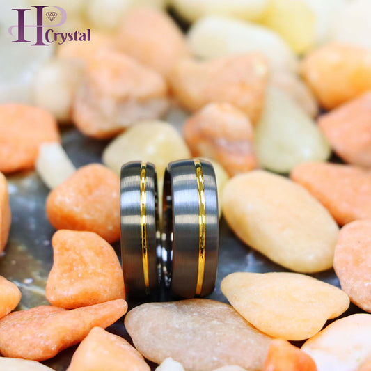 Gun Metal IP Plated Brushed Domed with Off Center Yellow IP Strip Tungsten Ring