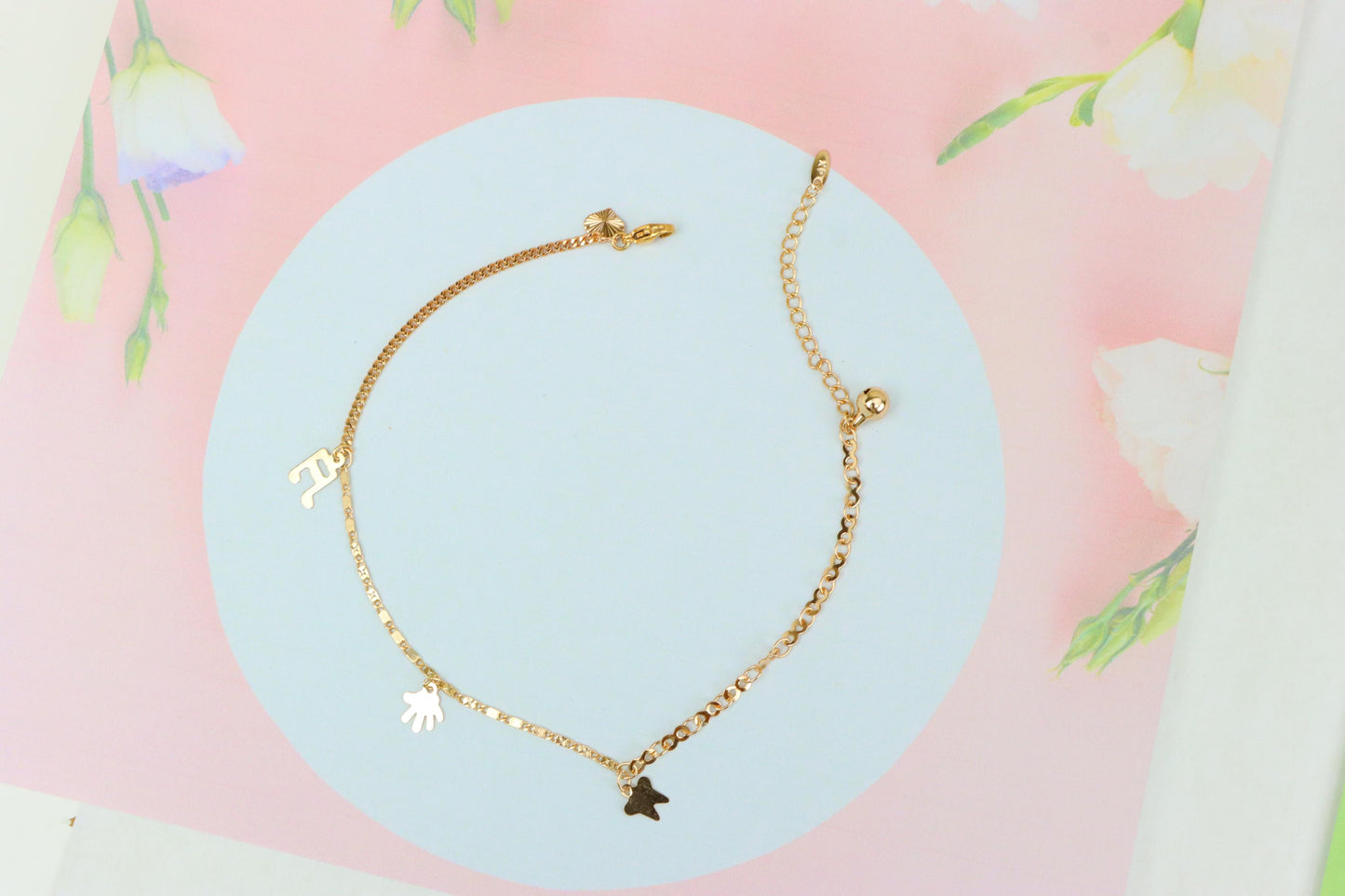 Rose Gold Plated Anklet with Charms and Dual Textured Chain Design, XPAL1183 (2119-2)