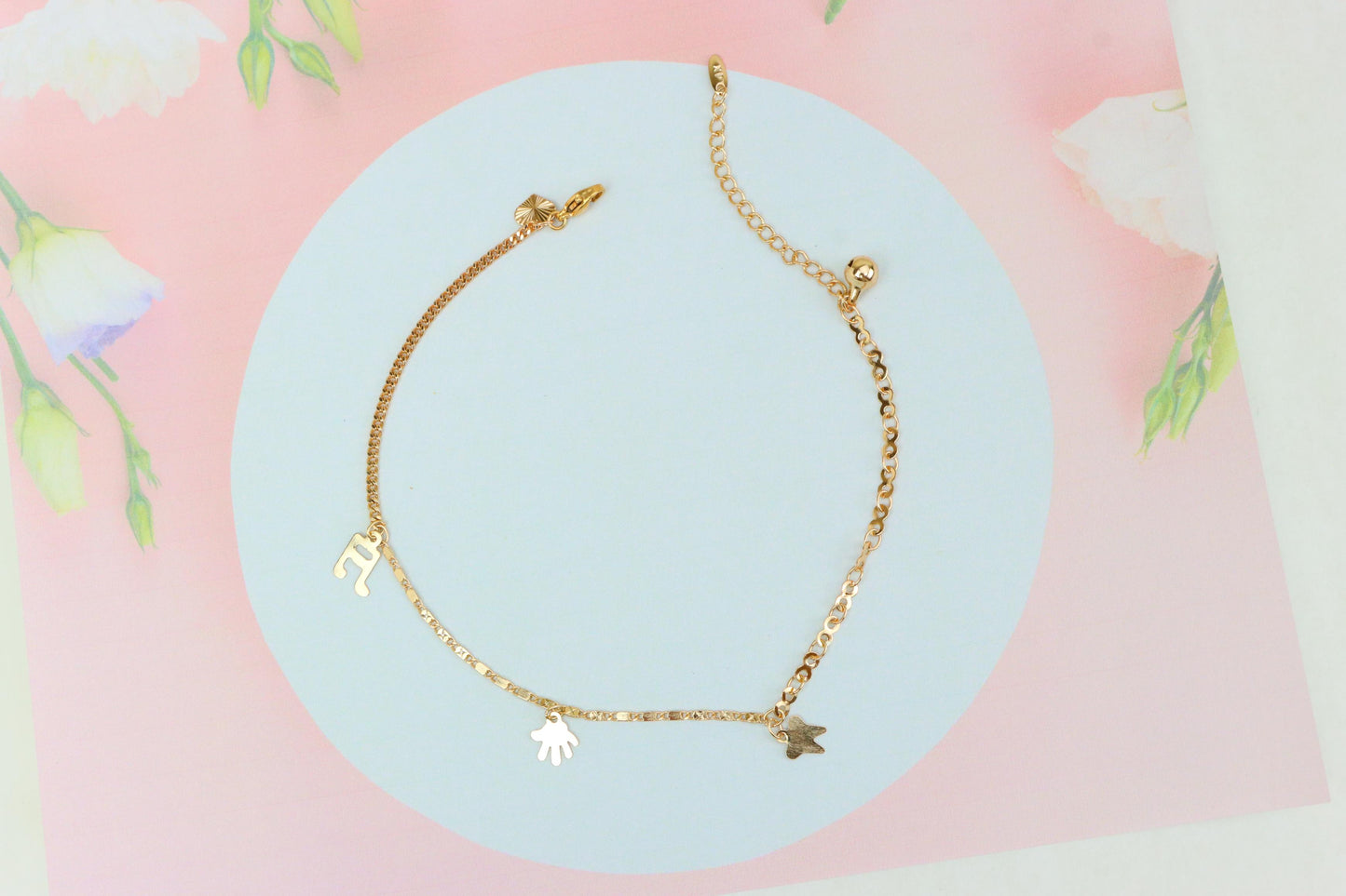 Rose Gold Plated Anklet with Charms and Dual Textured Chain Design, XPAL1183 (2119-2)