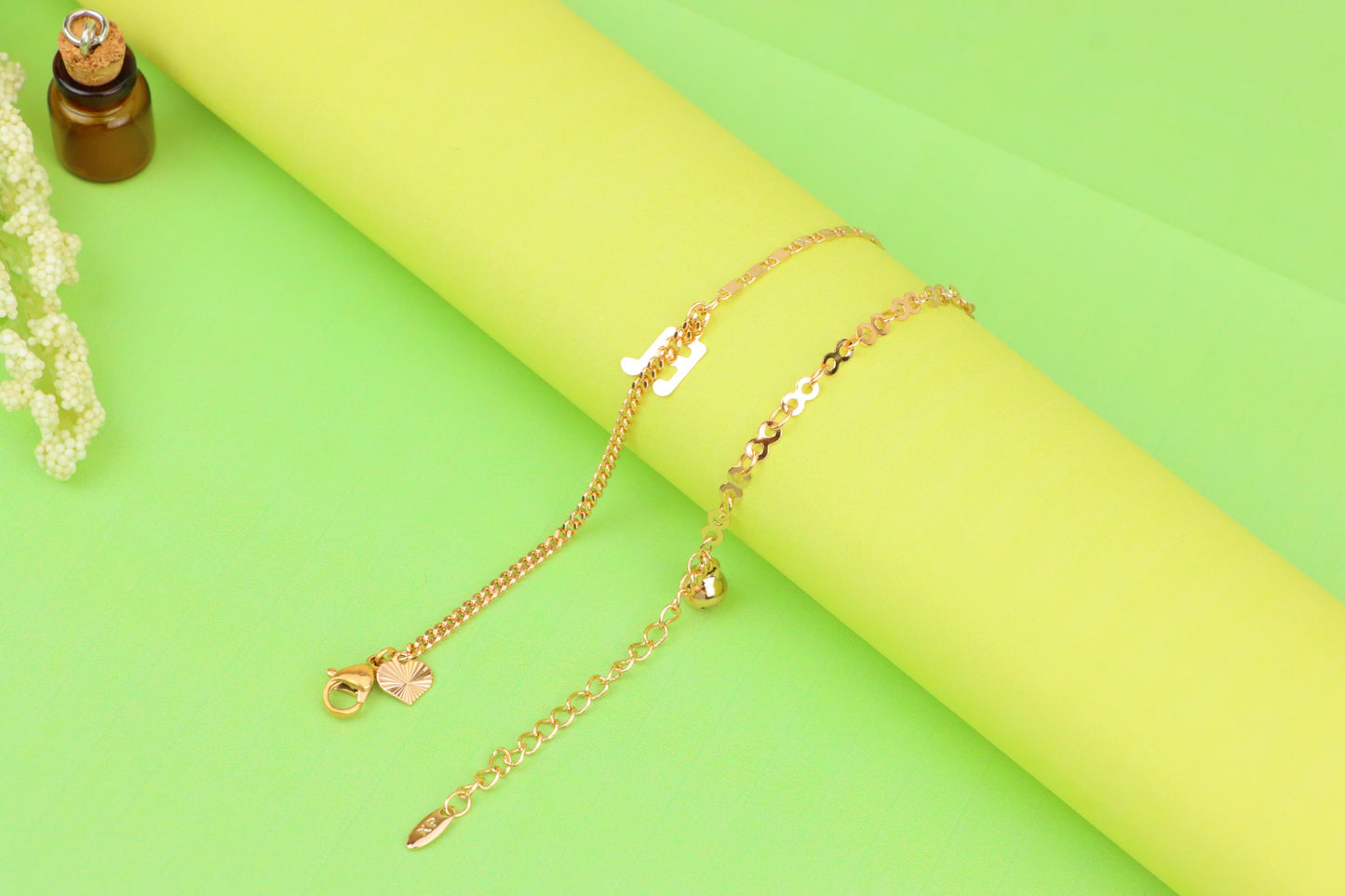 Rose Gold Plated Anklet with Charms and Dual Textured Chain Design, XPAL1183 (2119-2)