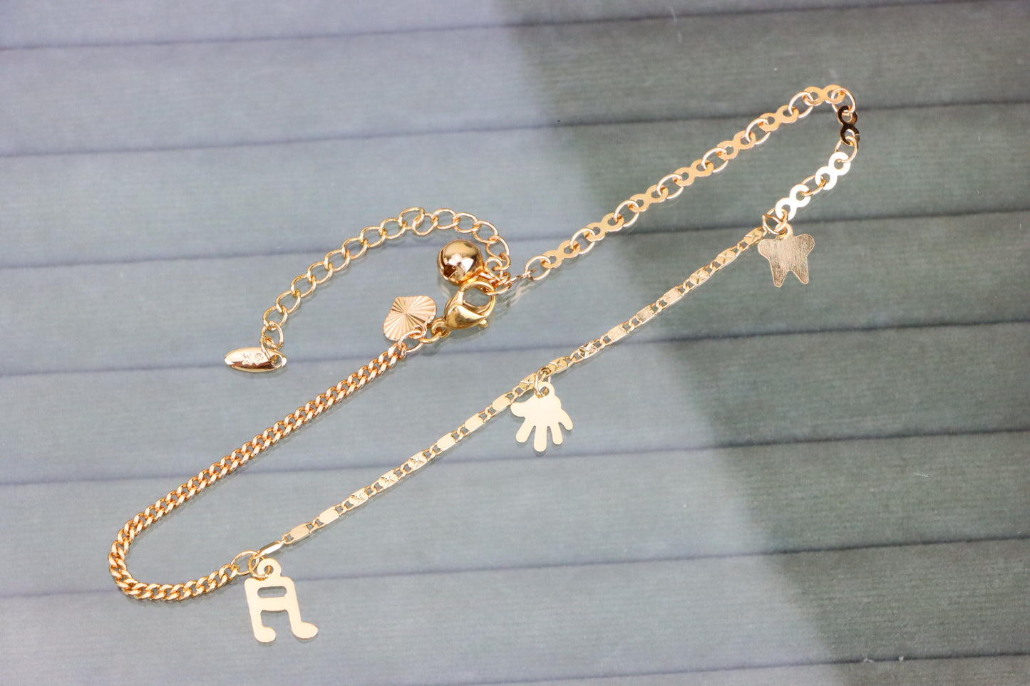Rose Gold Plated Anklet with Charms and Dual Textured Chain Design, XPAL1183 (2119-2)