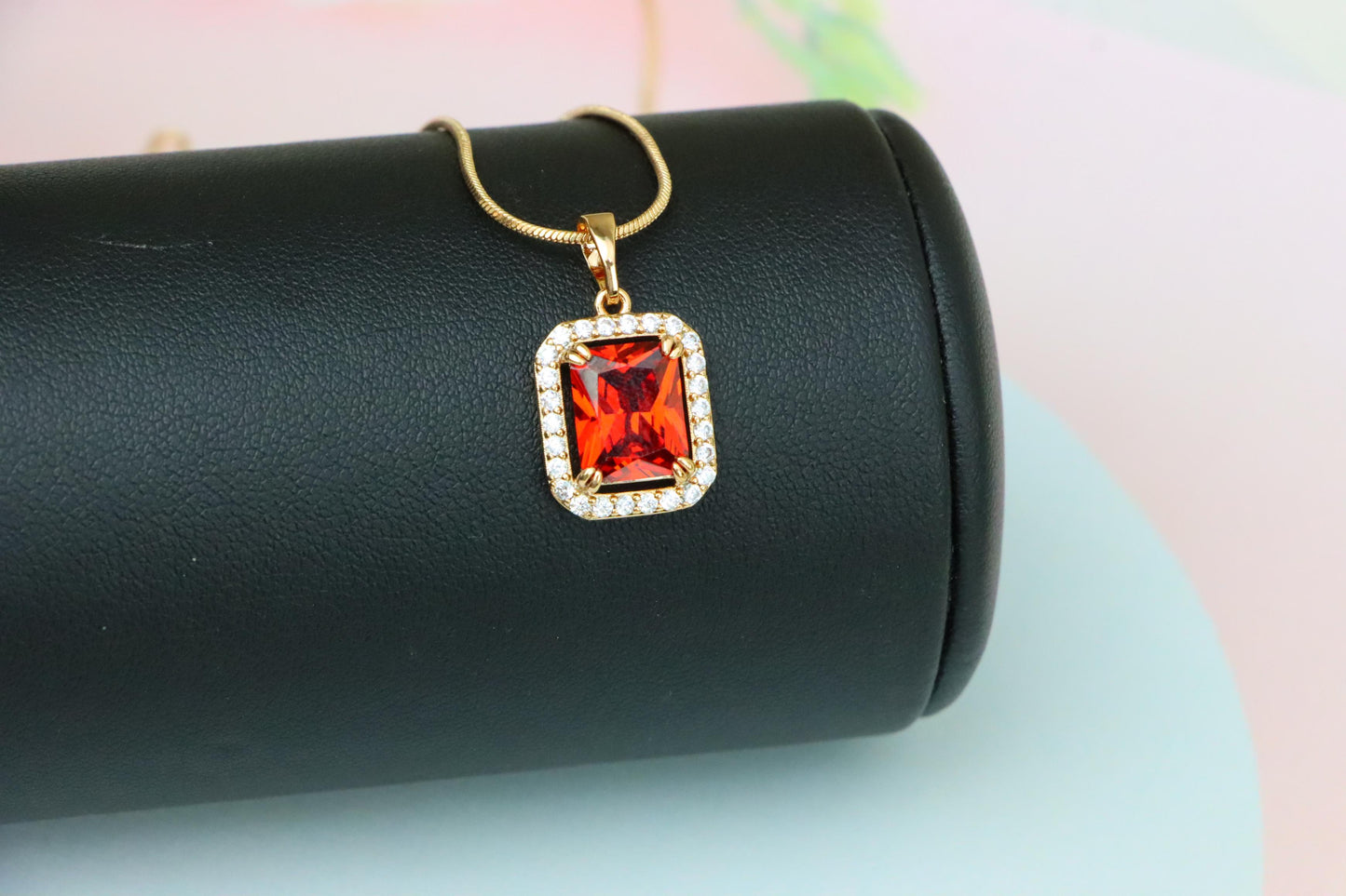 Red Emerald-Cut Stone Pendant with Crystals in Rose Gold, XPPT1572 (2145-2)