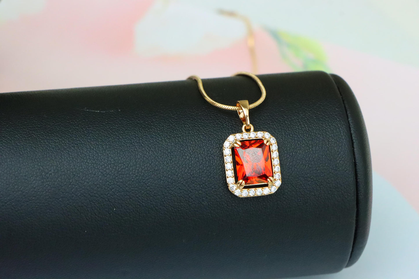 Red Emerald-Cut Stone Pendant with Crystals in Rose Gold, XPPT1572 (2145-2)