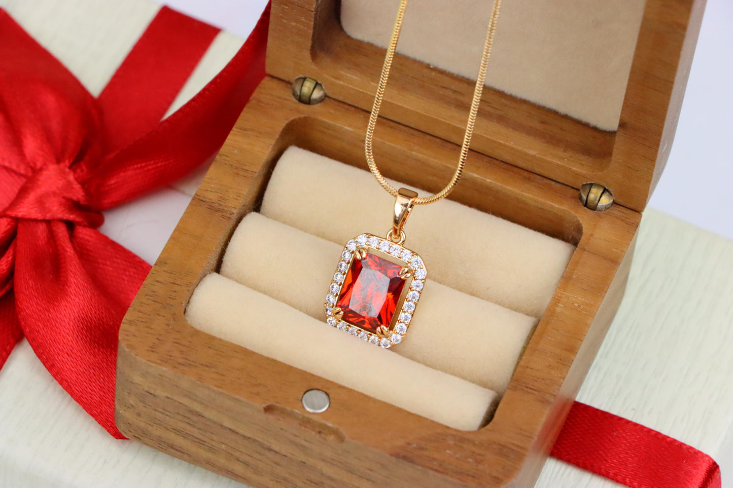Red Emerald-Cut Stone Pendant with Crystals in Rose Gold, XPPT1572 (2145-2)