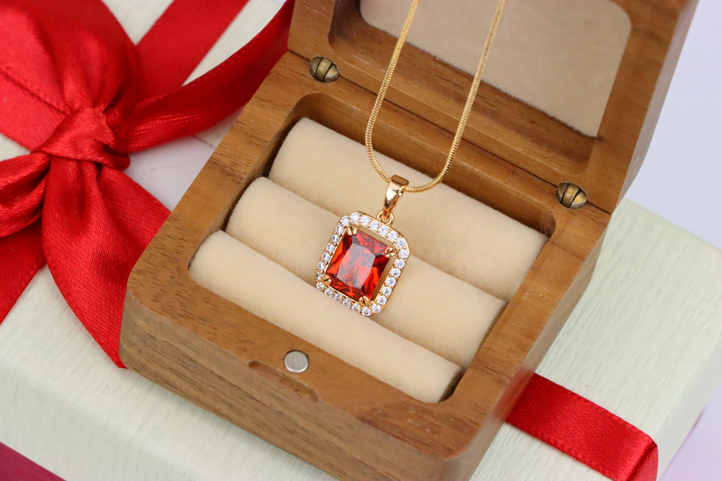 Red Emerald-Cut Stone Pendant with Crystals in Rose Gold, XPPT1572 (2145-2)