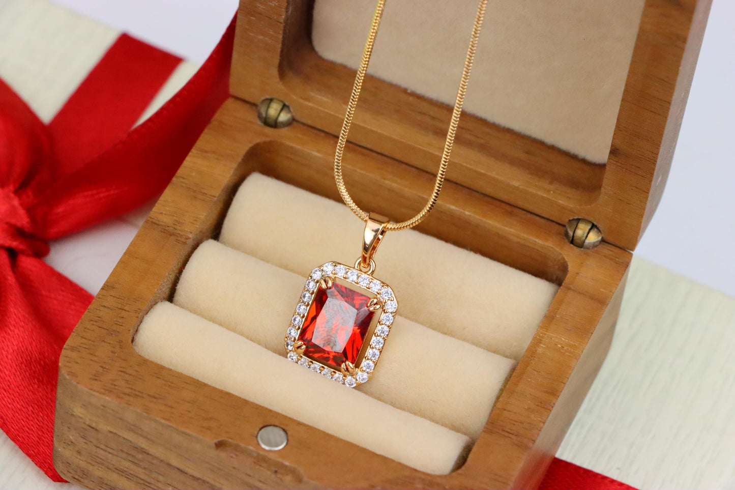 Red Emerald-Cut Stone Pendant with Crystals in Rose Gold, XPPT1572 (2145-2)