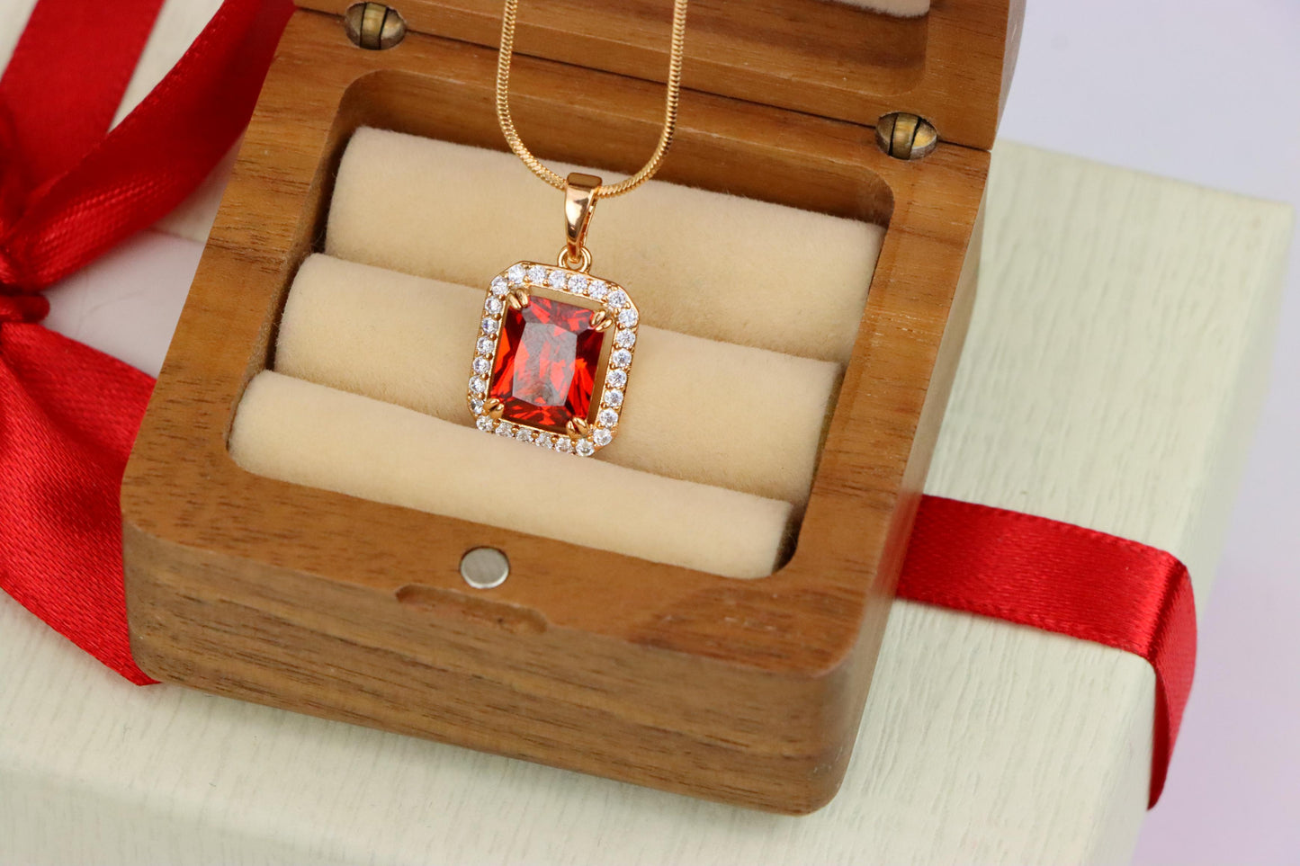 Red Emerald-Cut Stone Pendant with Crystals in Rose Gold, XPPT1572 (2145-2)