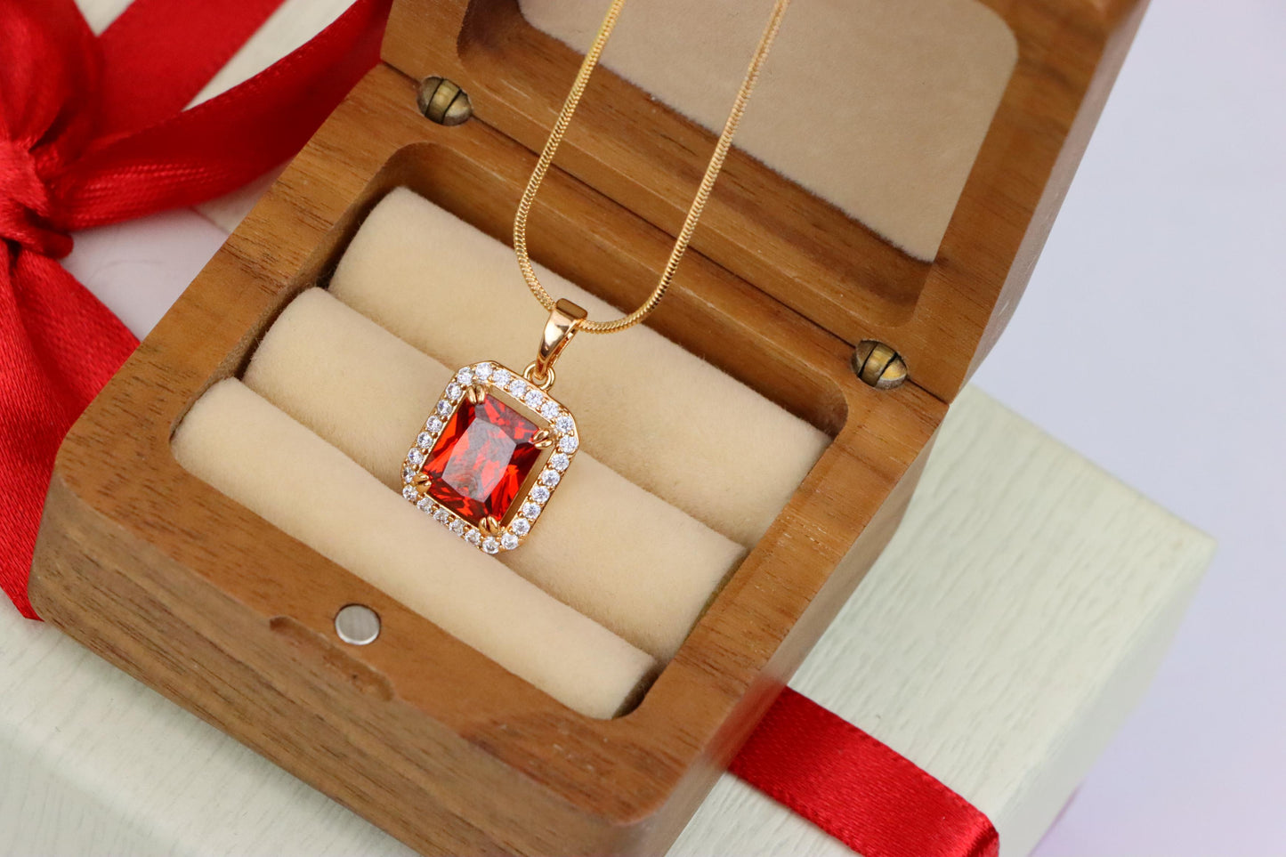 Red Emerald-Cut Stone Pendant with Crystals in Rose Gold, XPPT1572 (2145-2)