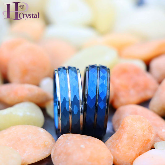 Blue IP Plated Hammered Finish High Polished Stepped/Beveled Edge Tungsten Ring