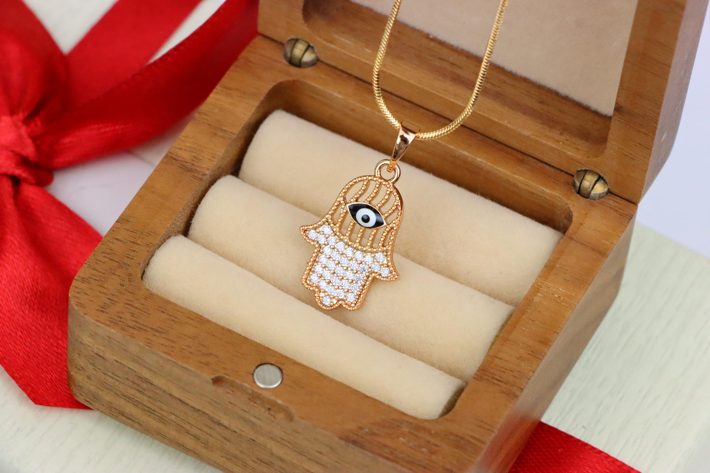 Hamsa Hand Rose Gold Pendant with Evil Eye, XPPT1578 (2145-8)