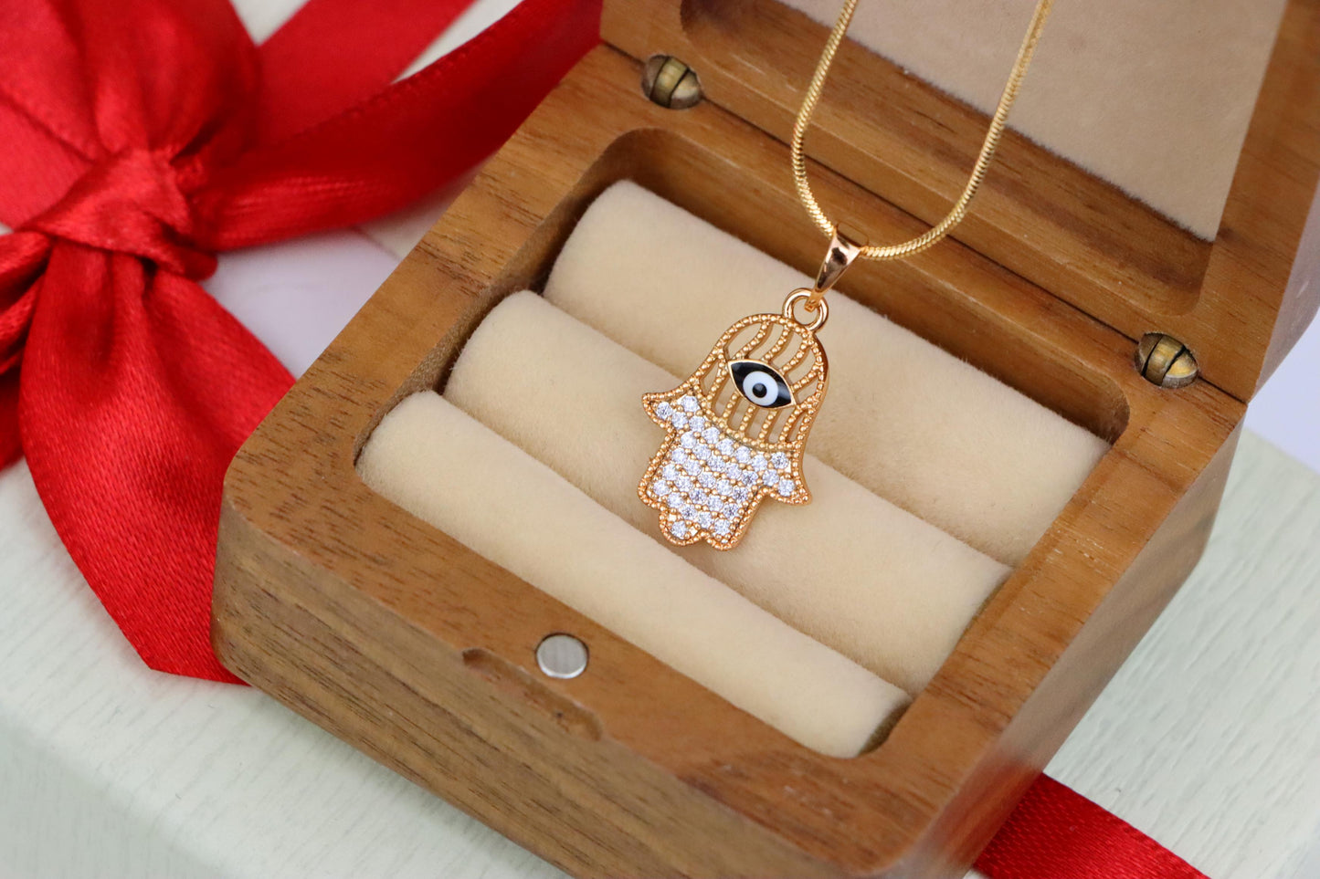 Hamsa Hand Rose Gold Pendant with Evil Eye, XPPT1578 (2145-8)