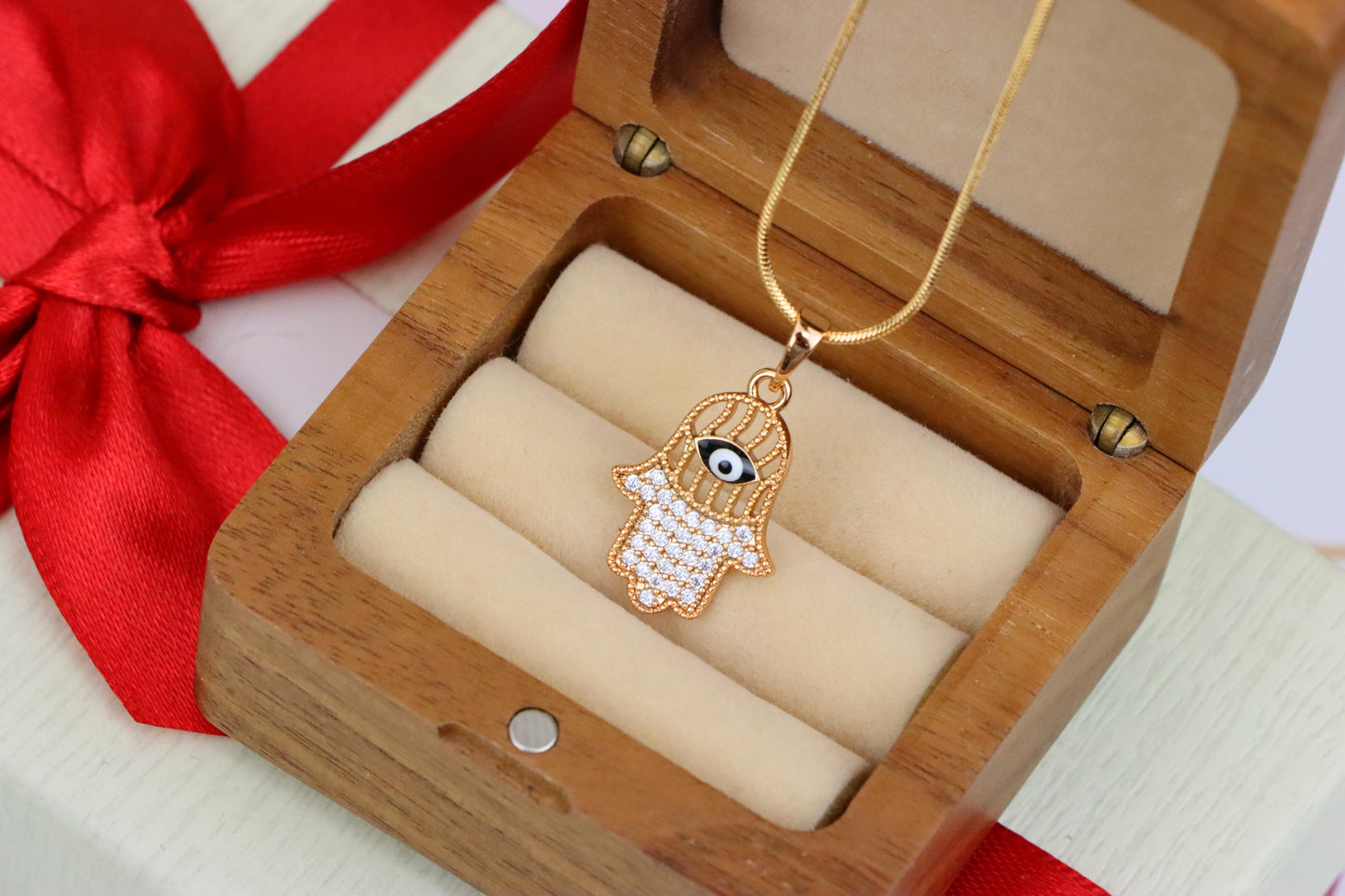 Hamsa Hand Rose Gold Pendant with Evil Eye, XPPT1578 (2145-8)