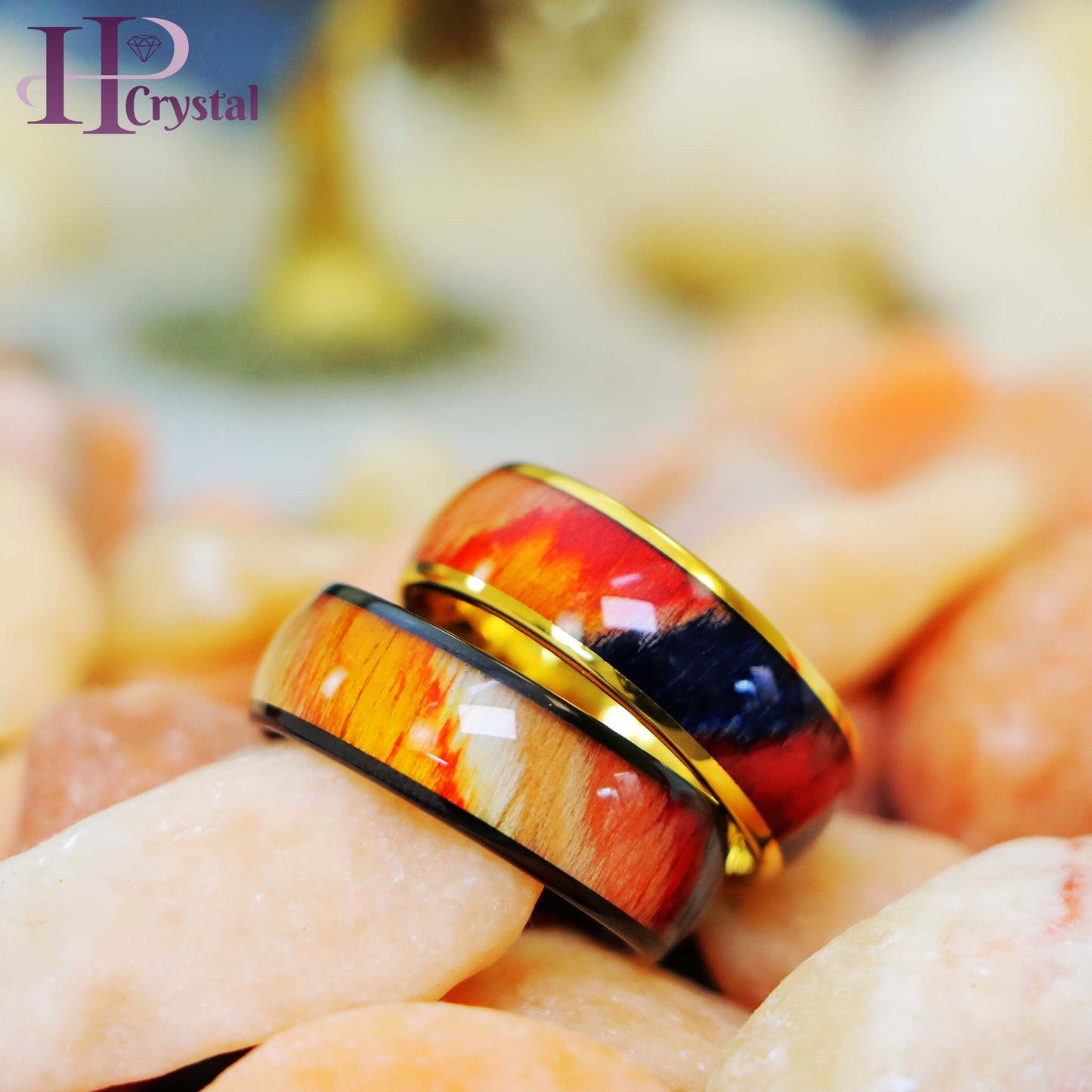 Black IP/Yellow IP Colorful Dyed Rosewood Inlay Tungsten Ring - Men's Fashion Jewelry