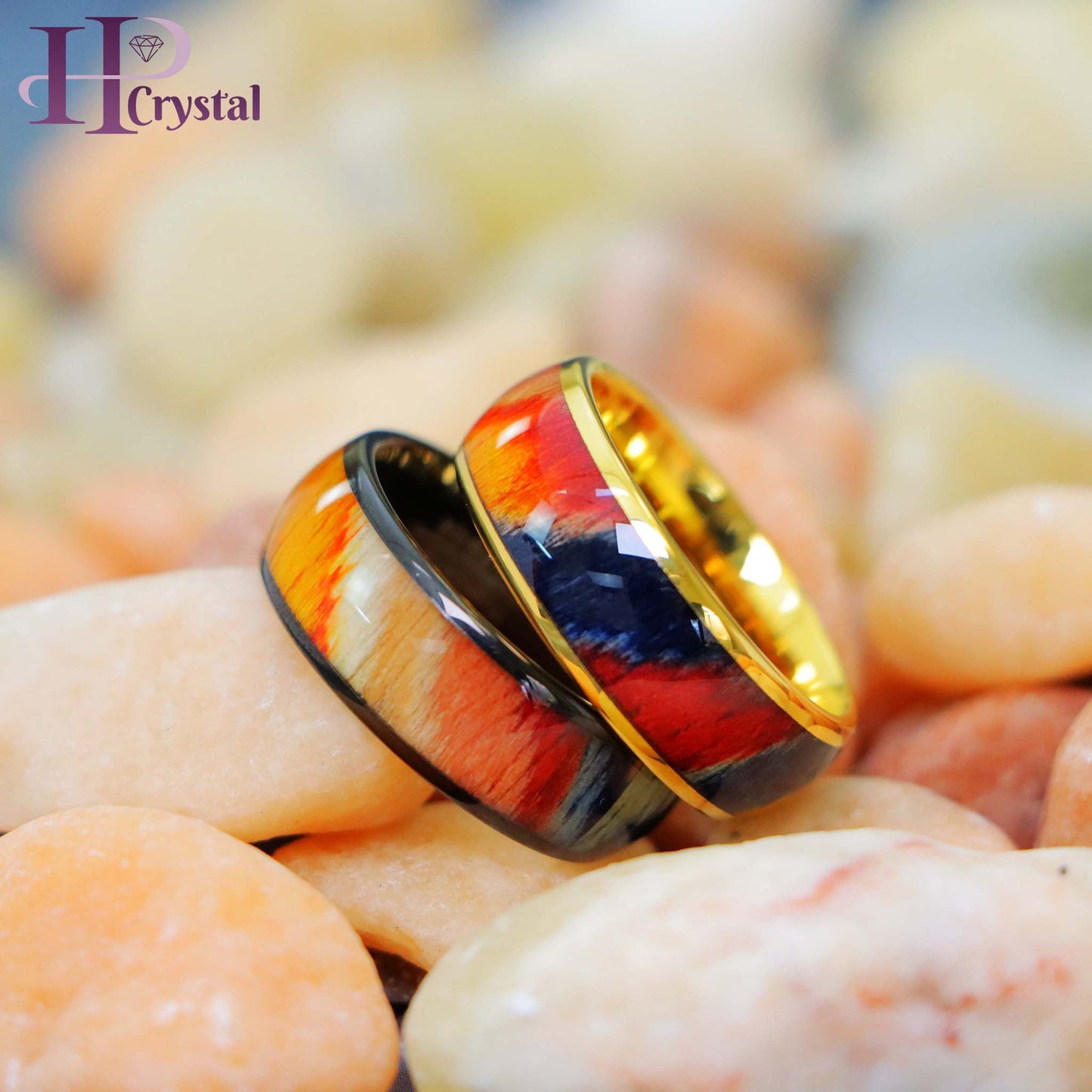 Black IP/Yellow IP Colorful Dyed Rosewood Inlay Tungsten Ring - Men's Fashion Jewelry