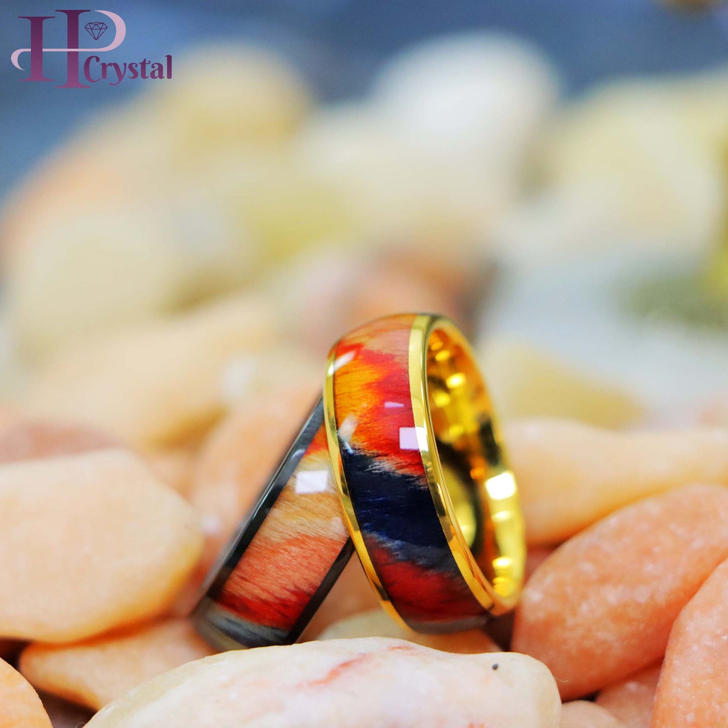 Black IP/Yellow IP Colorful Dyed Rosewood Inlay Tungsten Ring - Men's Fashion Jewelry