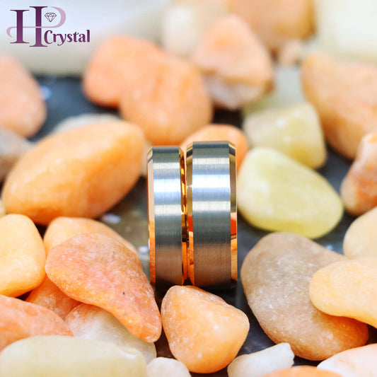 Brushed Center, Rose Gold Plated Beveled Edge & Inside Tungsten Ring