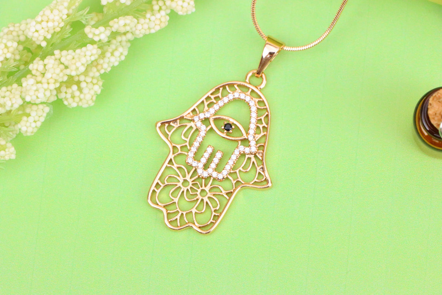 Rose Gold Hamsa Hand Pendant with Crystal Eye Statement Charm, XPPT1585 (2146-5)