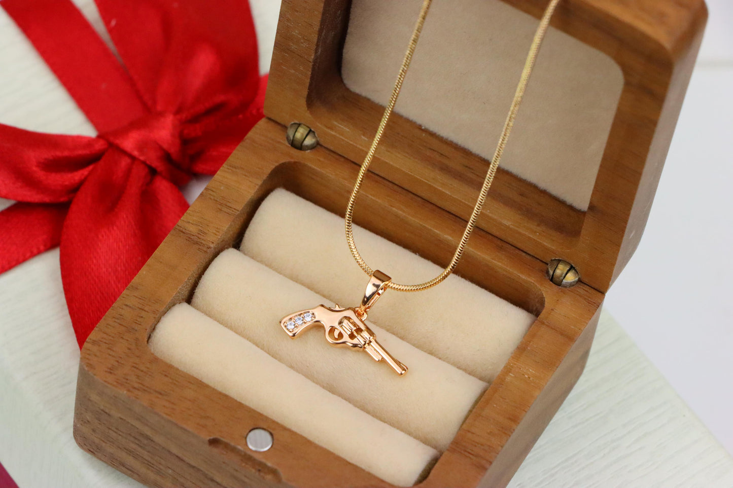 Rose Gold Gun Shape Pendant Necklace with Sparkling Stones, XPPT1198 (2120-7)