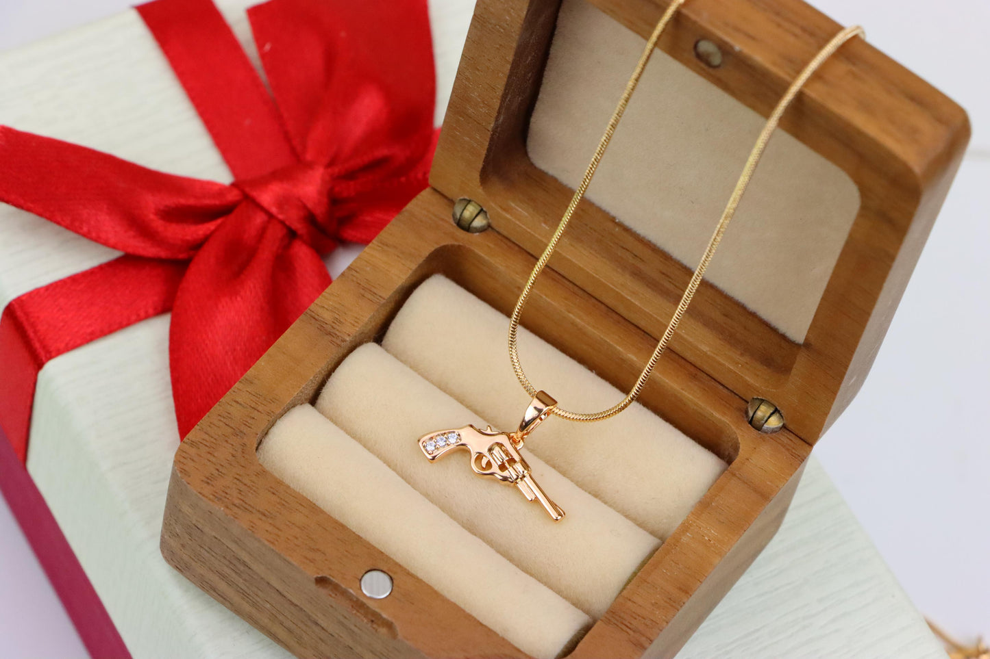 Rose Gold Gun Shape Pendant Necklace with Sparkling Stones, XPPT1198 (2120-7)
