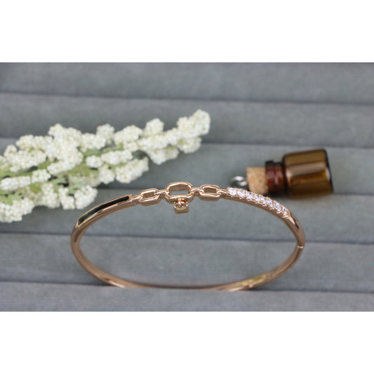Elegant Rose Gold Bangle with Diamond Accents and Chain Link Charm, XPBL0459 (2046-9)