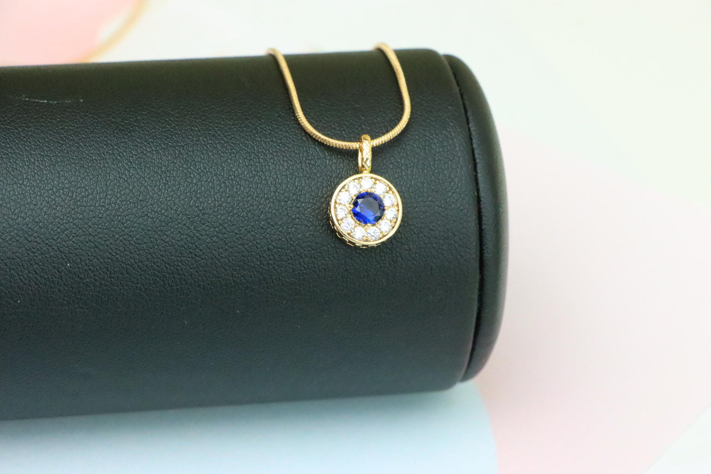 Round Blue Crystal Rose Gold Pendant with Sparkling Halo, XPPT1589 (2146-9)