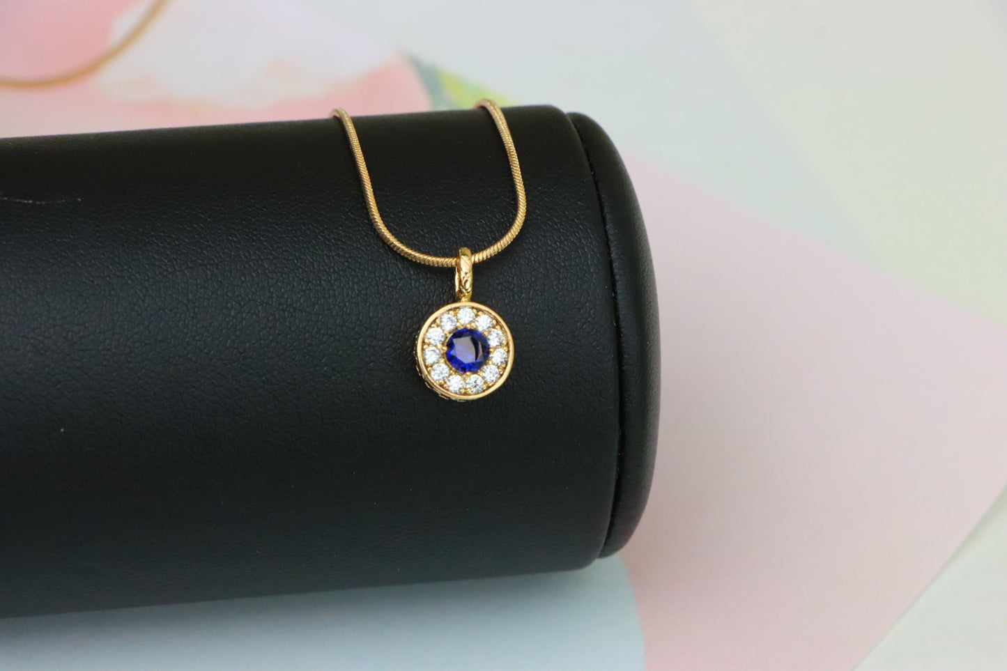 Round Blue Crystal Rose Gold Pendant with Sparkling Halo, XPPT1589 (2146-9)