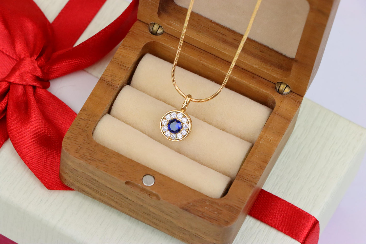 Round Blue Crystal Rose Gold Pendant with Sparkling Halo, XPPT1589 (2146-9)