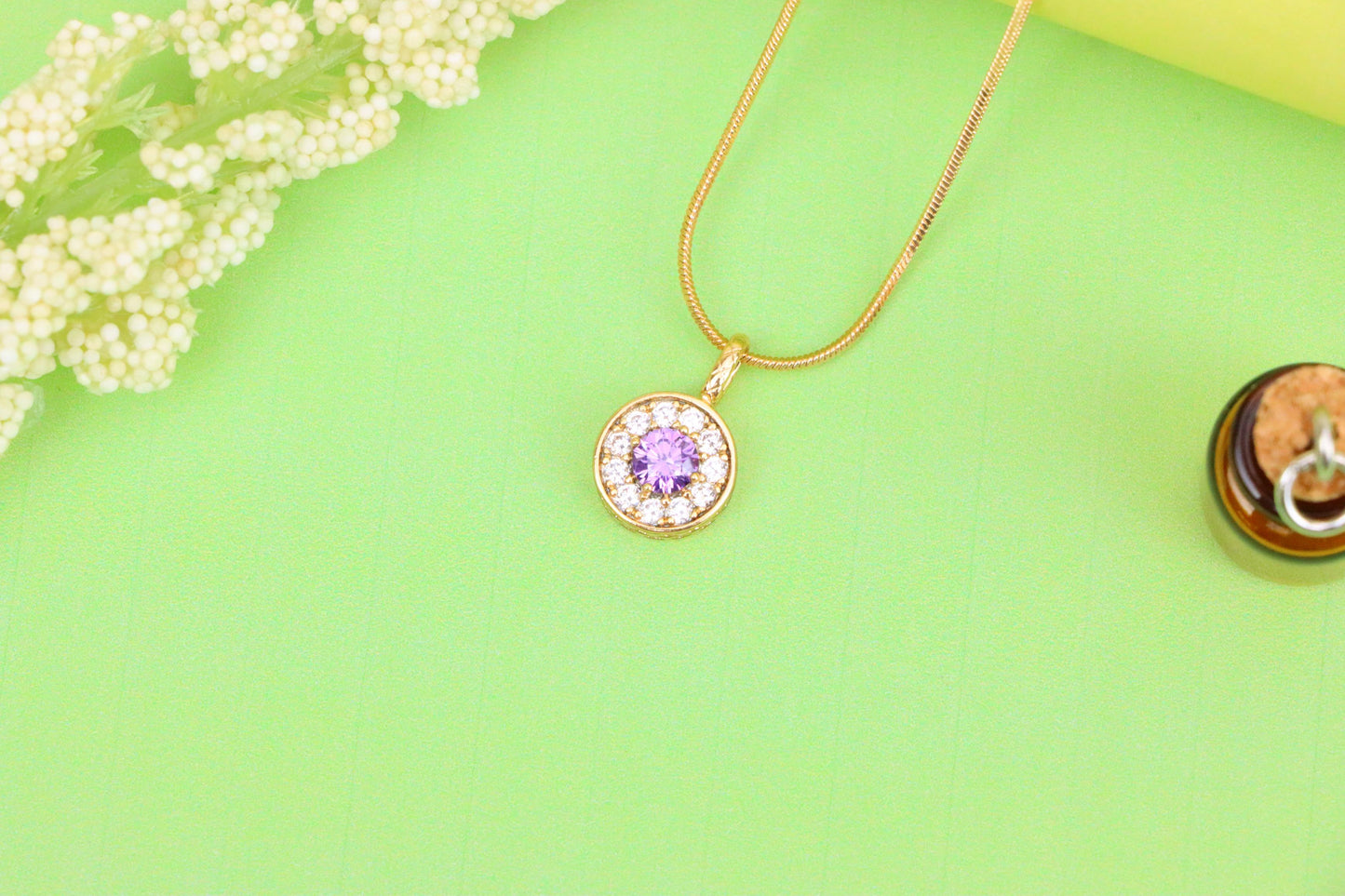 Round Purple Crystal Pendant in Rose Gold with Halo, XPPT1590 (2146-9)