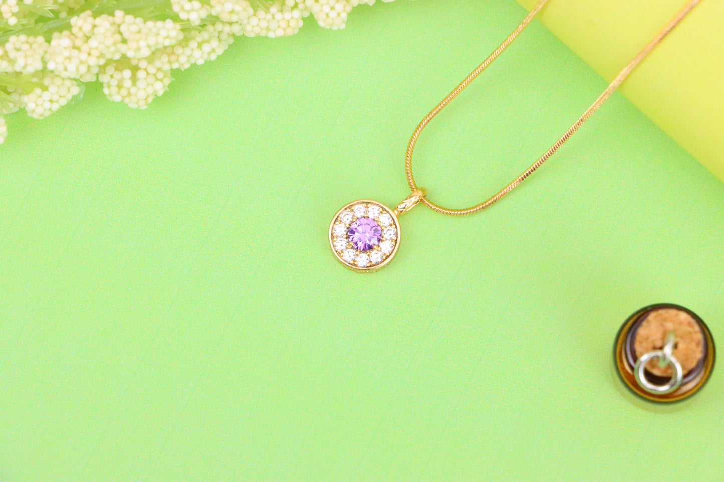 Round Purple Crystal Pendant in Rose Gold with Halo, XPPT1590 (2146-9)