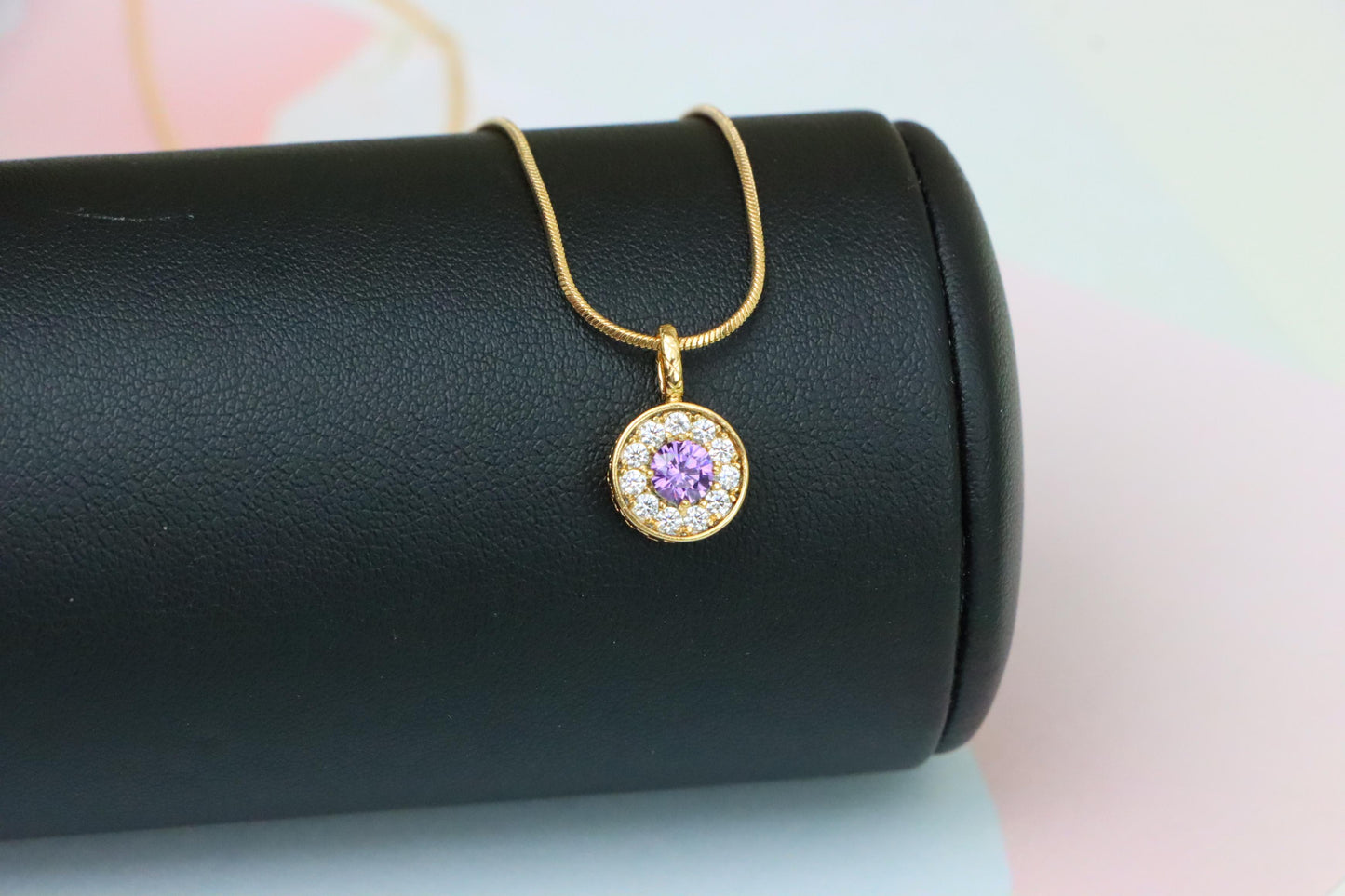 Round Purple Crystal Pendant in Rose Gold with Halo, XPPT1590 (2146-9)