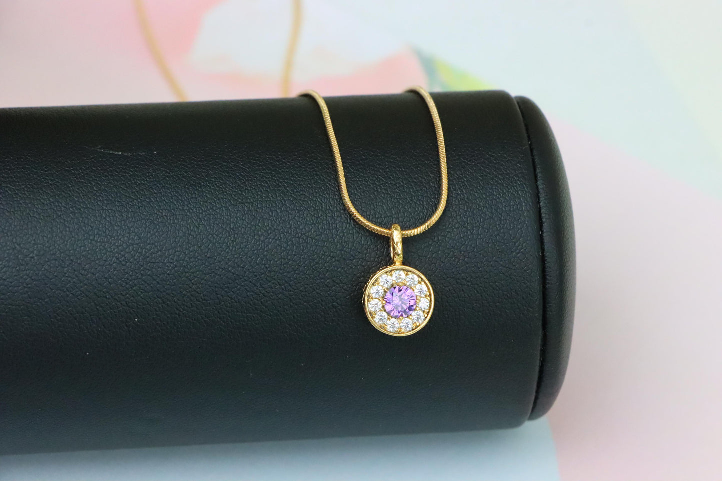 Round Purple Crystal Pendant in Rose Gold with Halo, XPPT1590 (2146-9)