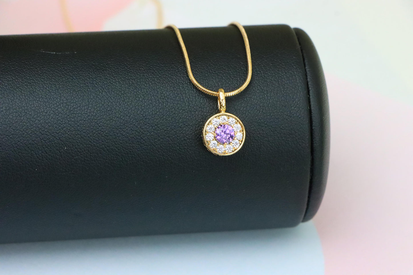 Round Purple Crystal Pendant in Rose Gold with Halo, XPPT1590 (2146-9)