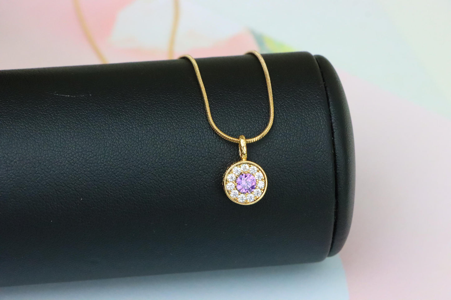 Round Purple Crystal Pendant in Rose Gold with Halo, XPPT1590 (2146-9)