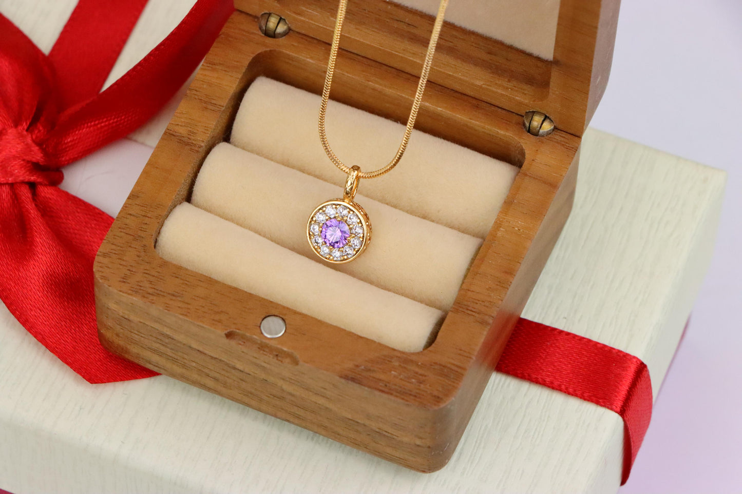 Round Purple Crystal Pendant in Rose Gold with Halo, XPPT1590 (2146-9)