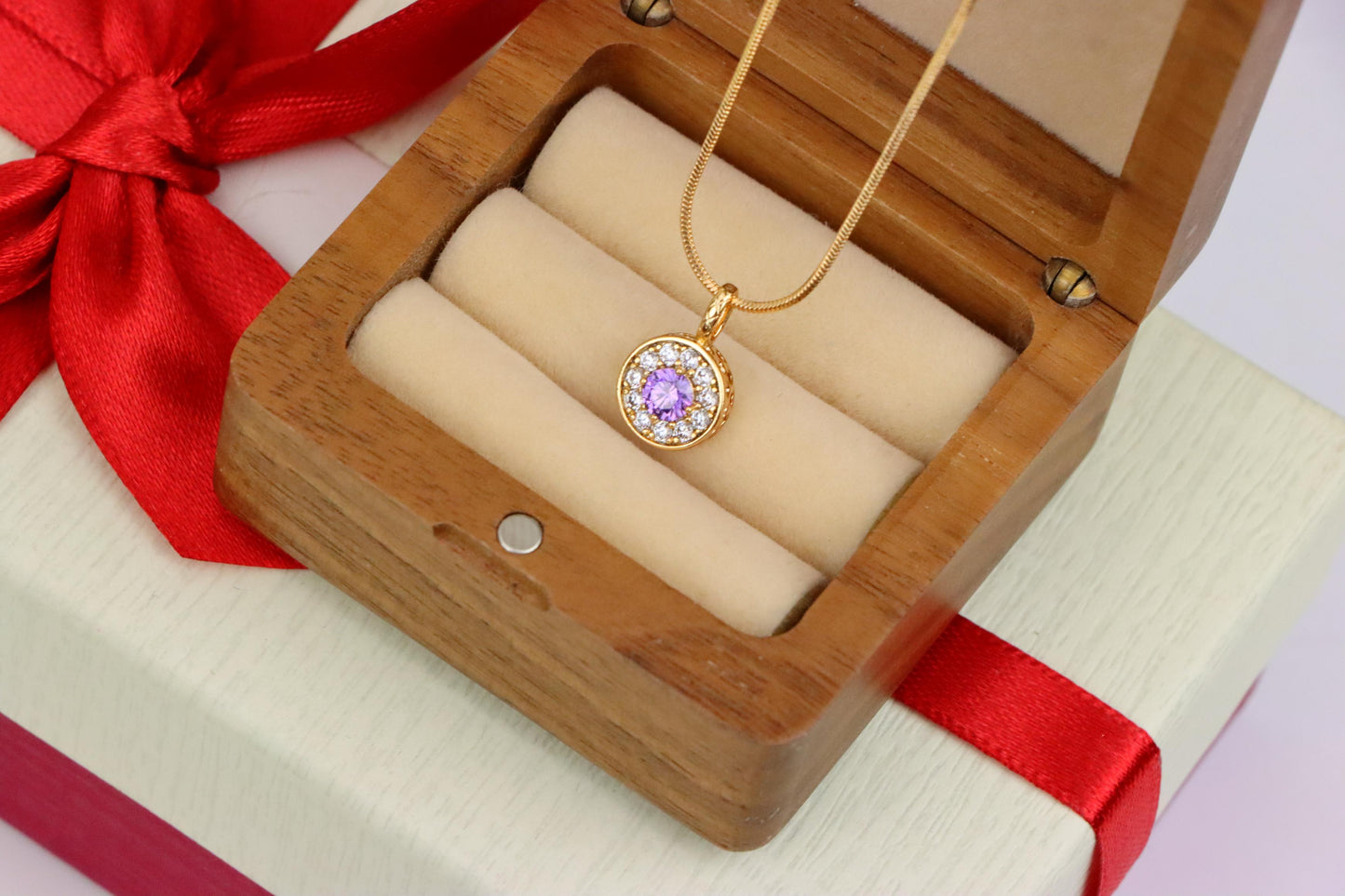 Round Purple Crystal Pendant in Rose Gold with Halo, XPPT1590 (2146-9)