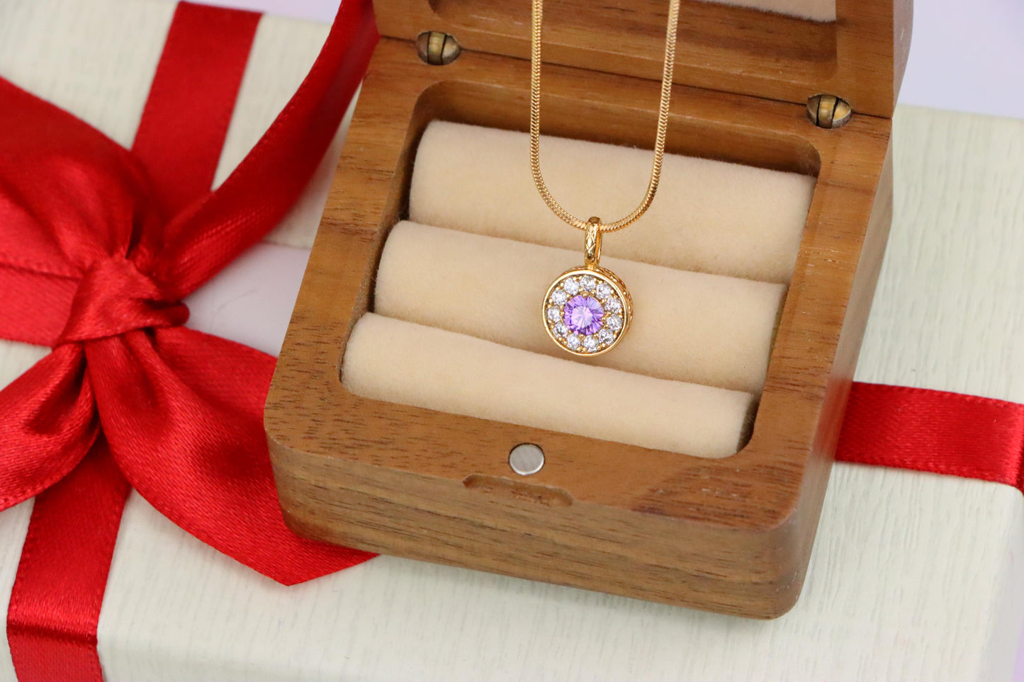 Round Purple Crystal Pendant in Rose Gold with Halo, XPPT1590 (2146-9)