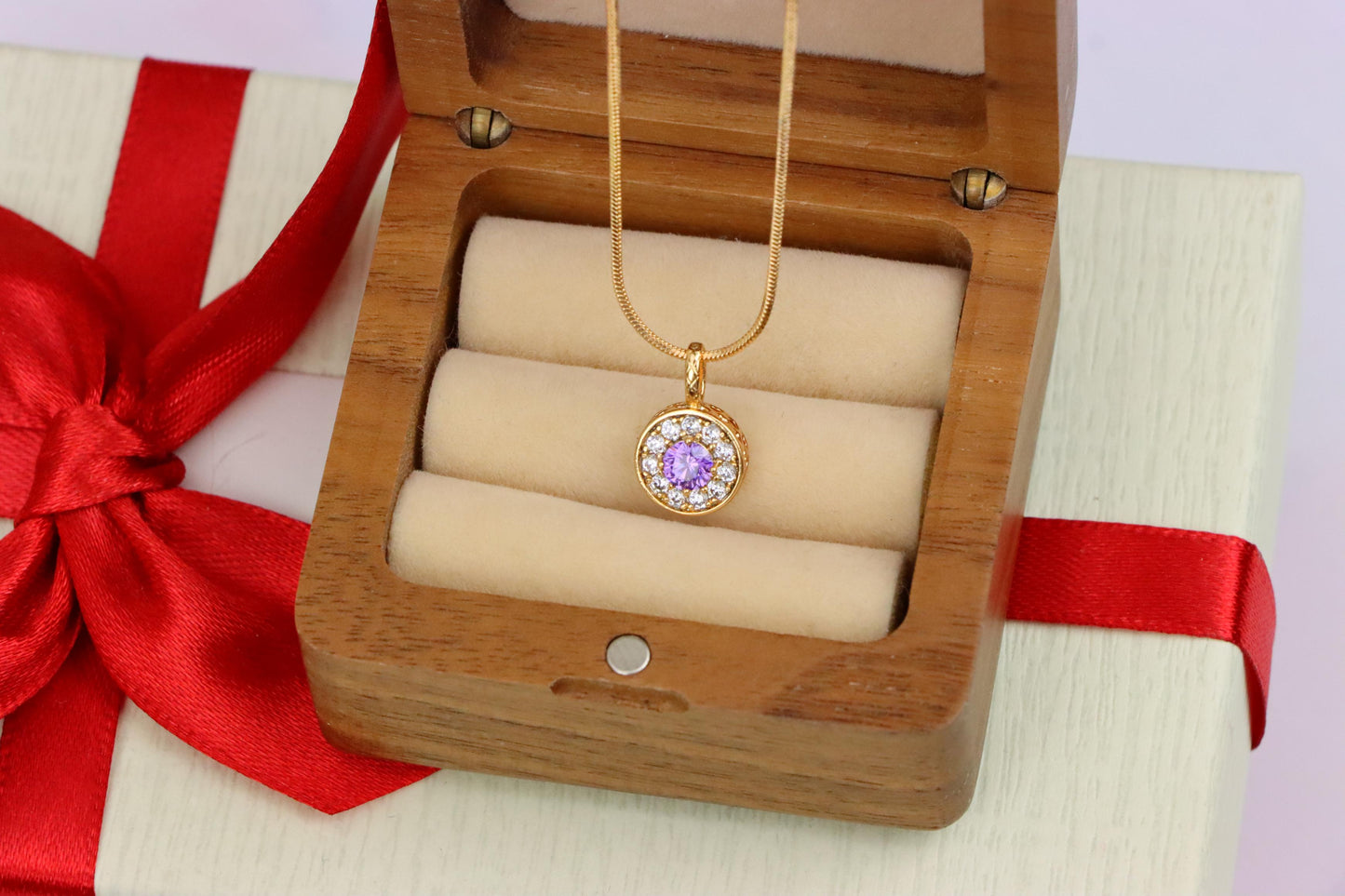 Round Purple Crystal Pendant in Rose Gold with Halo, XPPT1590 (2146-9)