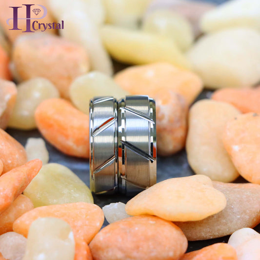 Multiple Diagonal Grooves Brushed Center Tungsten Ring